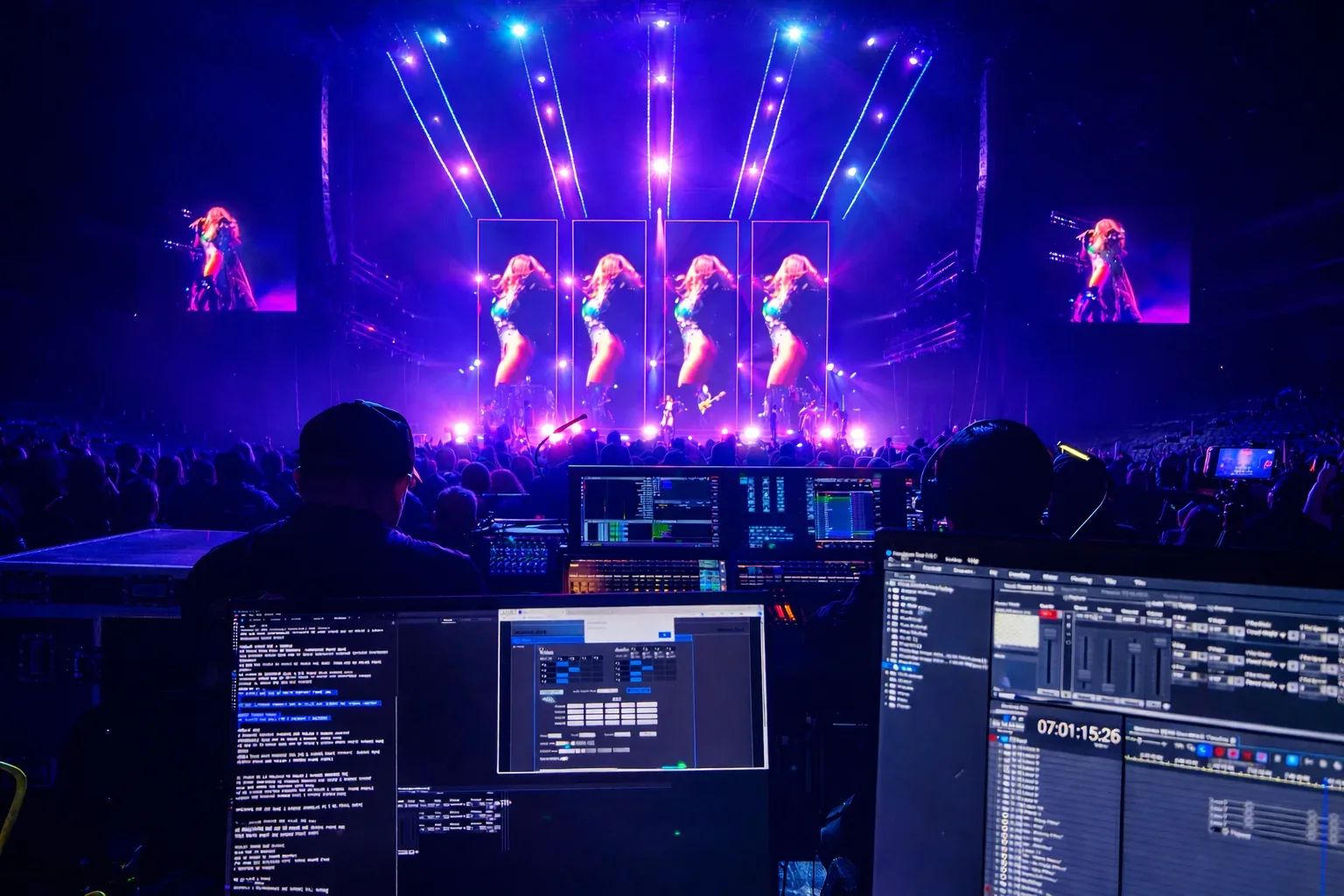 A media server workstation facing a live concert stage.
